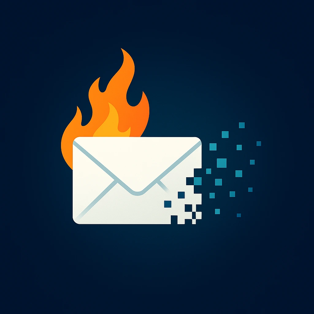 Illustration of a burner email envelope dissolving into pixels symbolizing fast, private one-time inboxes.
