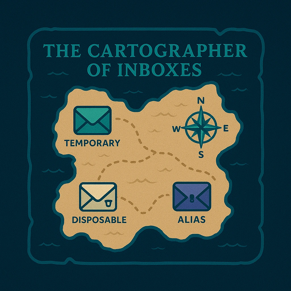Fantasy map design illustrating different types of email inboxes and privacy routes.