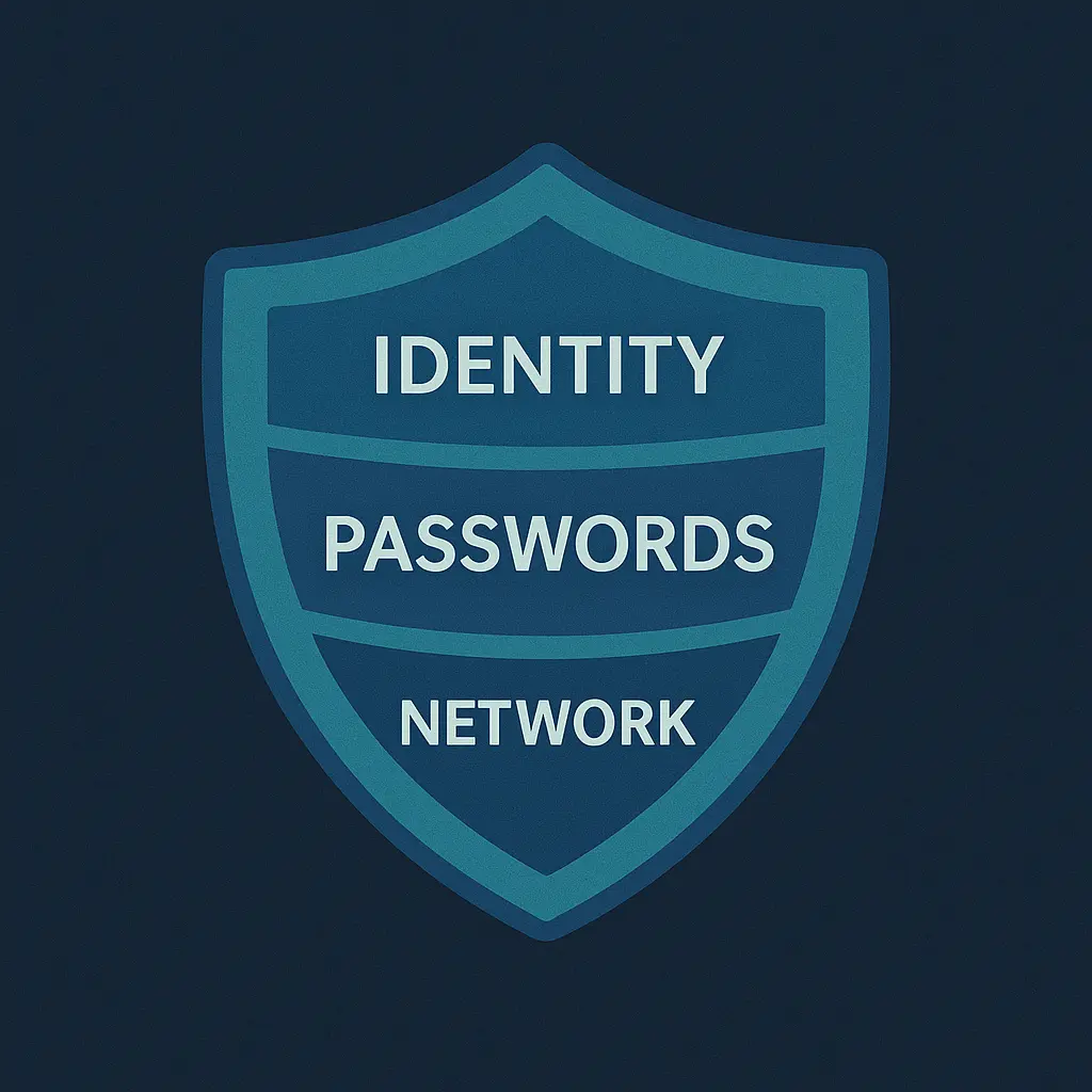 Three-layer security shield representing identity, password, and network protection online.