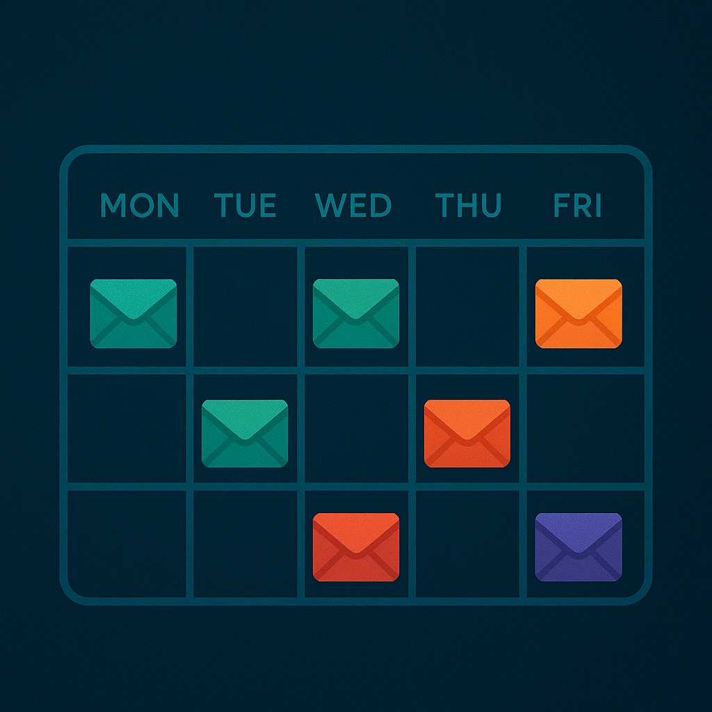 Illustrated weekly calendar showing seven colored email inbox icons representing privacy stories.