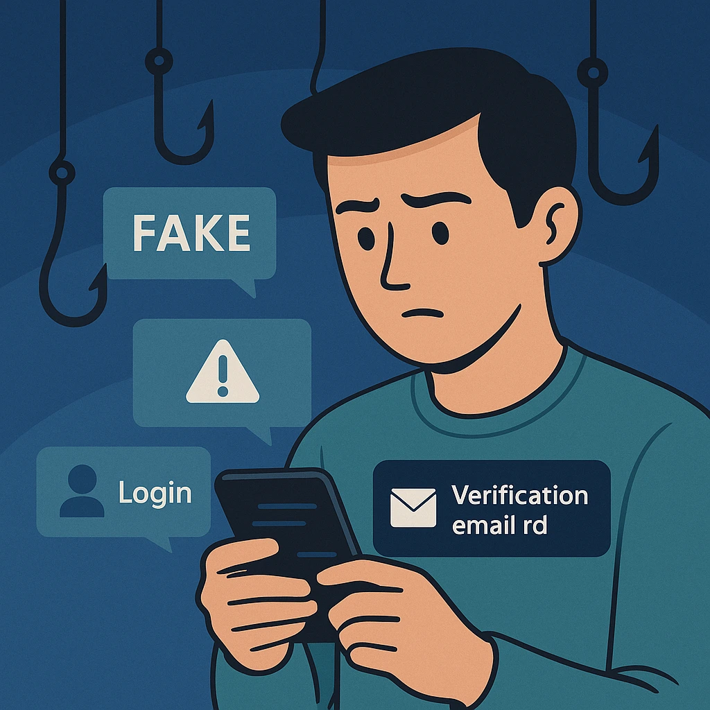 Illustration of social media user detecting phishing scams and fake messages online.