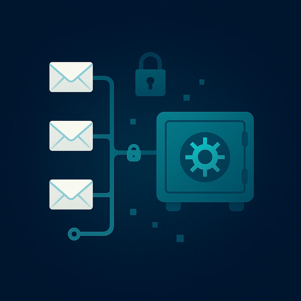 Concept art of temporary emails flowing securely through a digital pipeline into a private vault.
