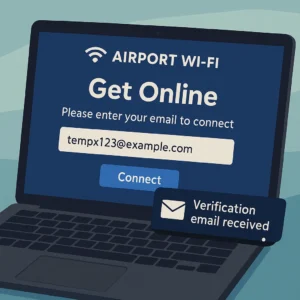 Airport Wi-Fi captive portal displaying temporary email verification arriving instantly.