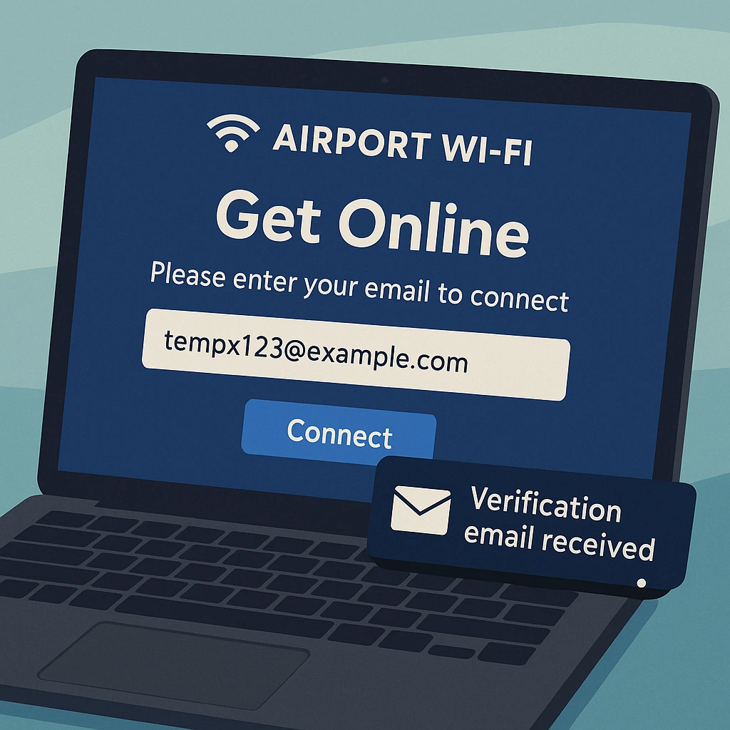 Airport Wi-Fi captive portal displaying temporary email verification arriving instantly.