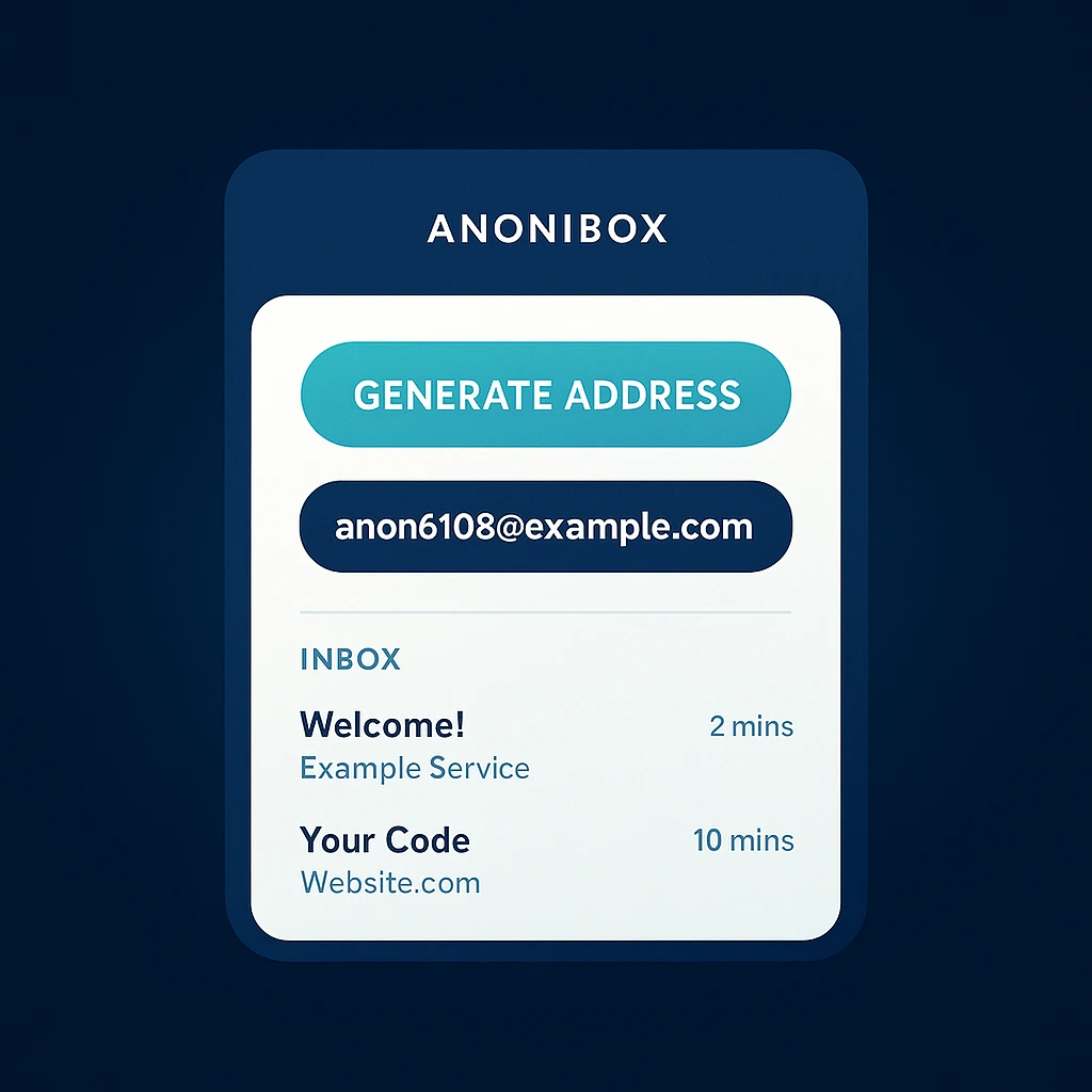 Anonibox temporary email generator interface with generate address button and live inbox.
