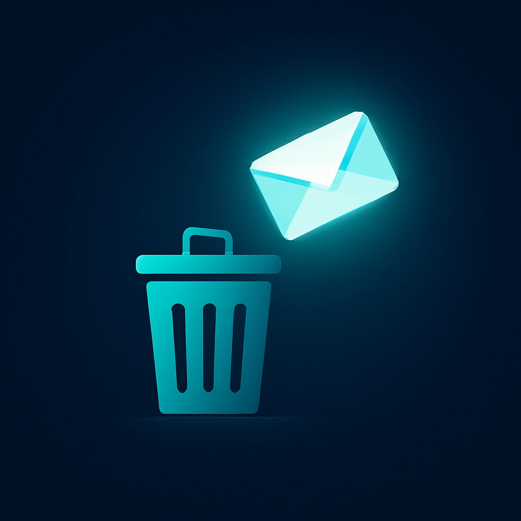 Illustration of an envelope flying away from a trash bin symbolizing throwaway email privacy.